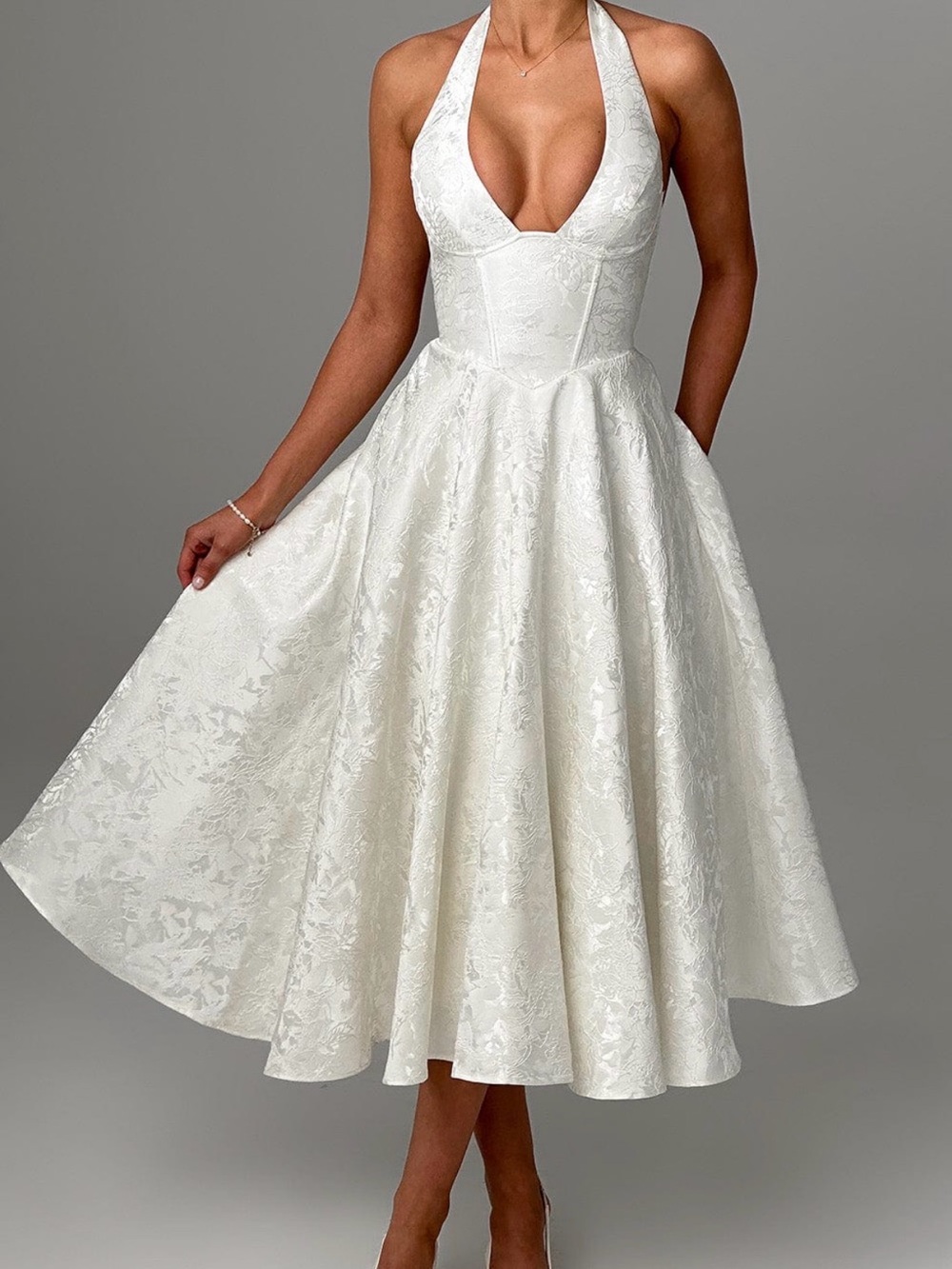 Elegant White Halter Midi Dress with Floral Jacquard